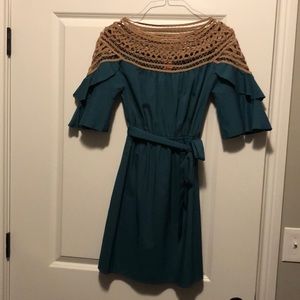 Teal and tan lace shoulder dress